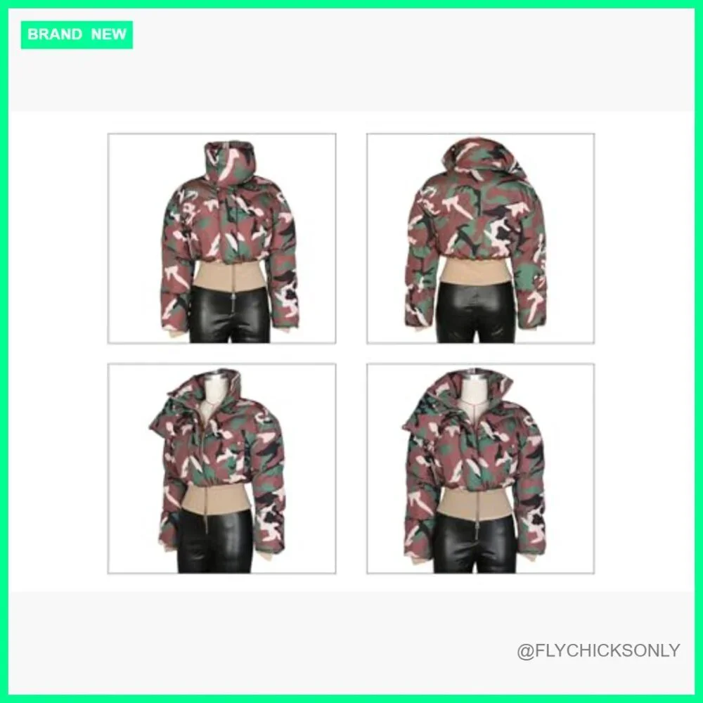 Cropped Camo Puffer Jacket Winter Warm Zip Up Quilted Short Coat - Picture 5 of 5